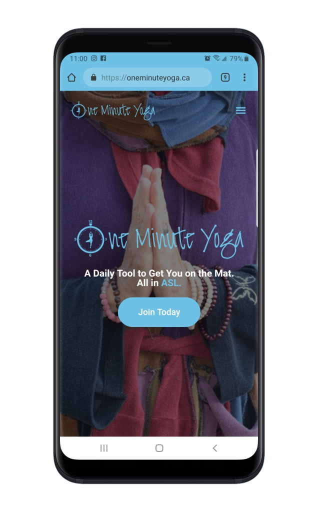 Mobile Phone mockup showing what the OneMinuteYoga website looks like.