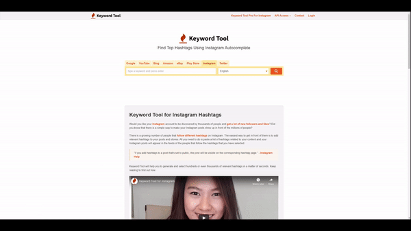 Instagram hashtag research using a free keyword research tool