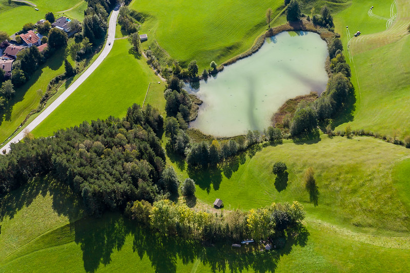 Aerial drone photo of grassy hills, trees and a small pond
